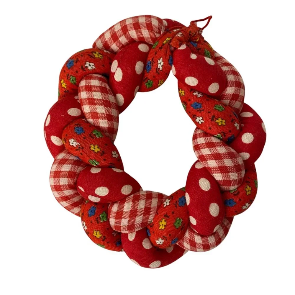 Handcrafted Red Patchwork Christmas Decoration Set Plush Tree Bell Wreath Rustic